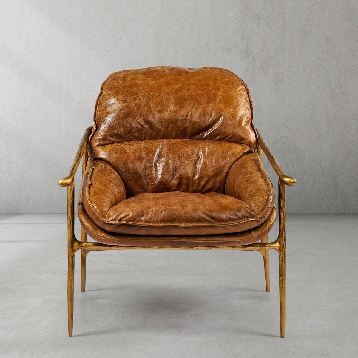 Hand-Forged Metal Brown Leather Accent Chairs