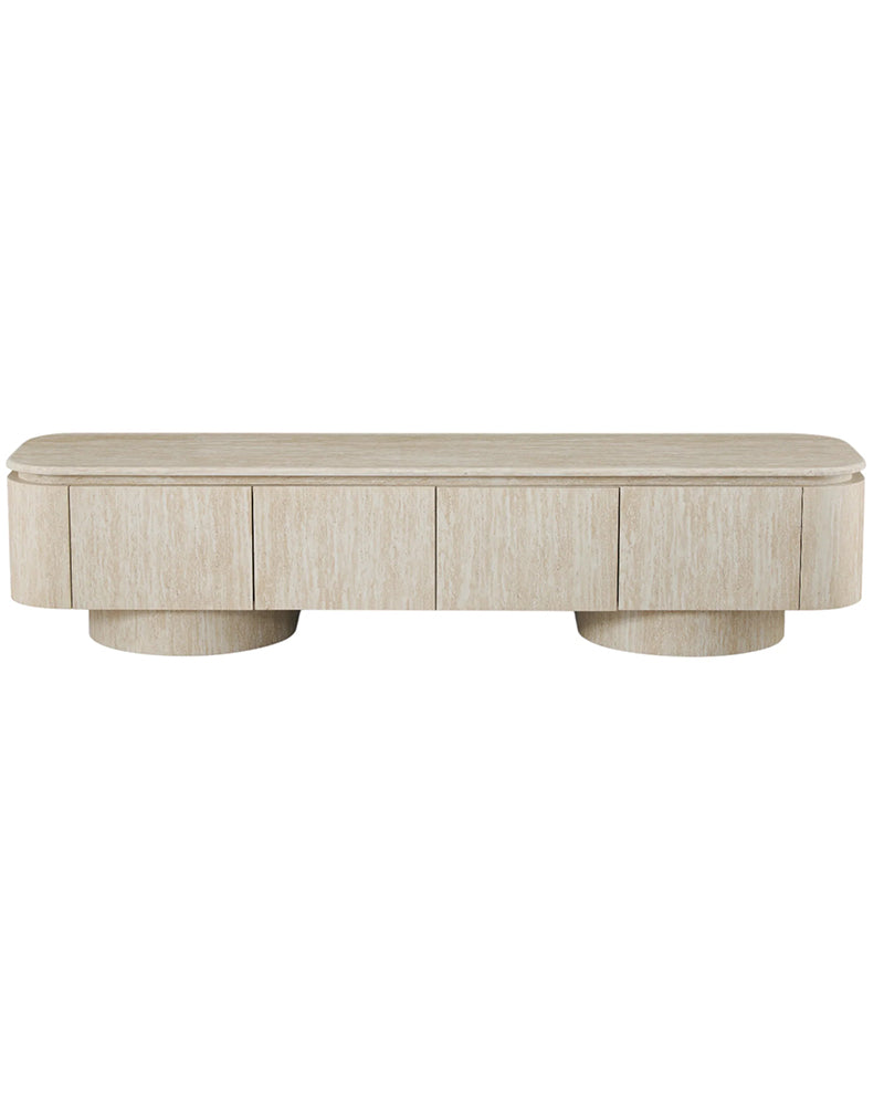 Luxury Beige Travertine TV Console with Rounded Corners & Double-Door Storage Cabinet 200cm