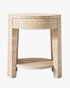 Luxury Beige Travertine Cylinder Side Table with Storage Drawer & Lower Display Shelf