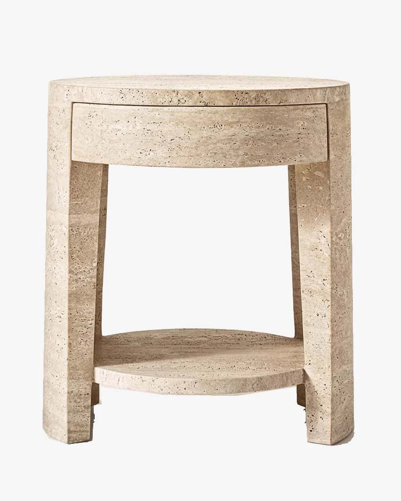 Luxury Beige Travertine Cylinder Side Table with Storage Drawer & Lower Display Shelf