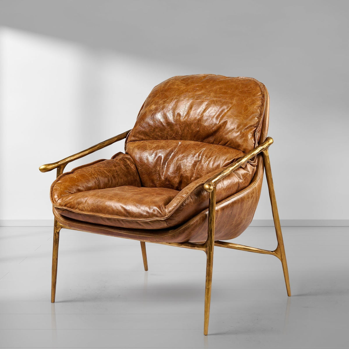 Hand-Forged Metal Brown Leather Accent Chairs