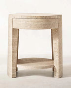 Luxury Beige Travertine Cylinder Side Table with Storage Drawer & Lower Display Shelf