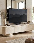 Luxury Beige Travertine TV Console with Rounded Corners & Double-Door Storage Cabinet 200cm
