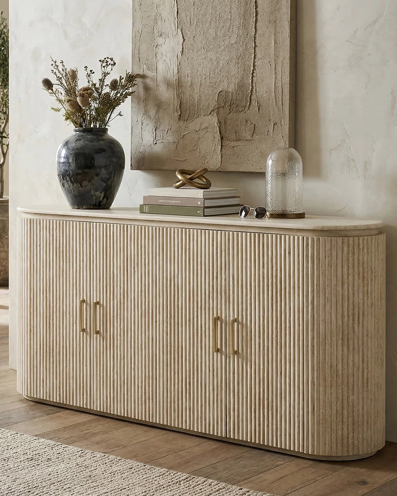Luxury Beige Travertine Console Cabinet with Petal Edge & Double-Door Storage