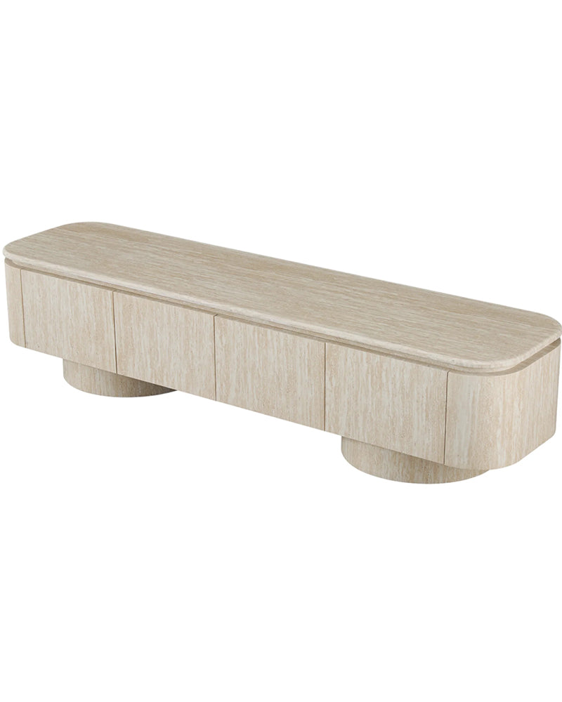 Luxury Beige Travertine TV Console with Rounded Corners & Double-Door Storage Cabinet 200cm