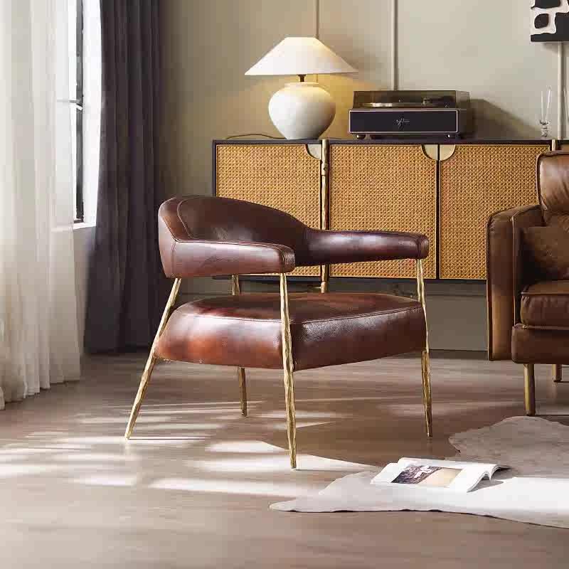 Hand-Forged Metal Brown Leather Lounge Armchair