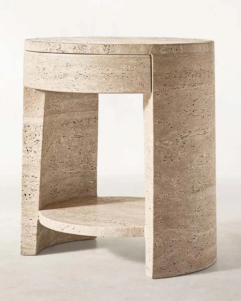 Luxury Beige Travertine Cylinder Side Table with Storage Drawer & Lower Display Shelf