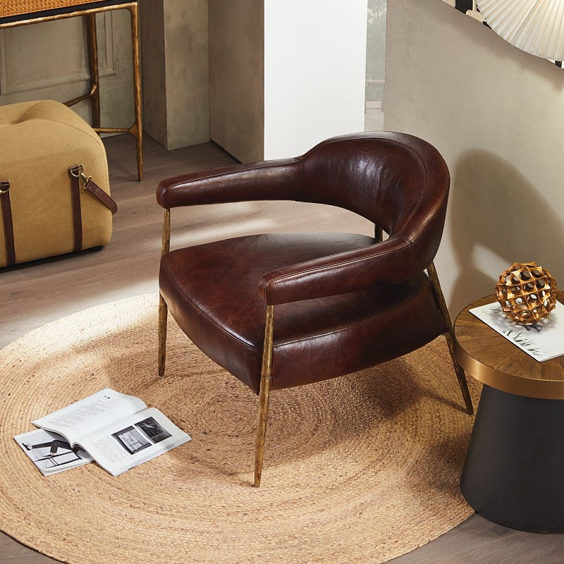 Hand-Forged Metal Brown Leather Lounge Armchair