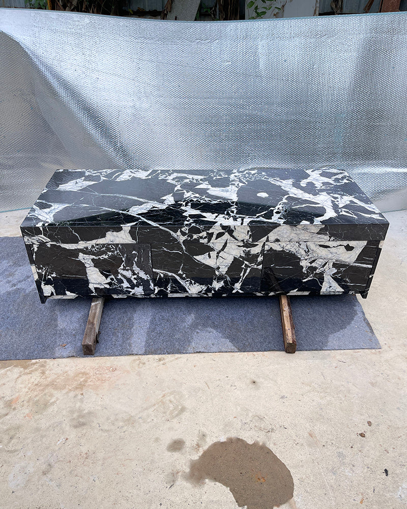 Sculptural Grand Antique Marble Plinth Coffee Table with Built-In Storage Drawer