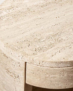 Luxury Beige Travertine Cylinder Side Table with Storage Drawer & Lower Display Shelf