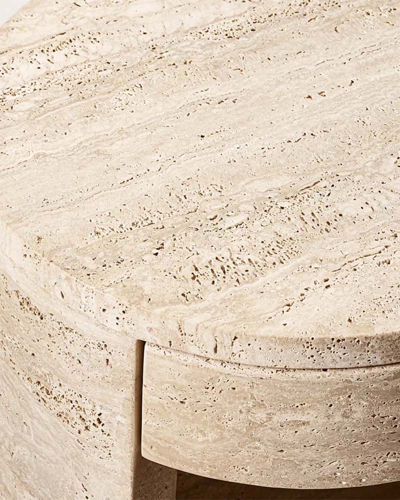 Luxury Beige Travertine Cylinder Side Table with Storage Drawer & Lower Display Shelf