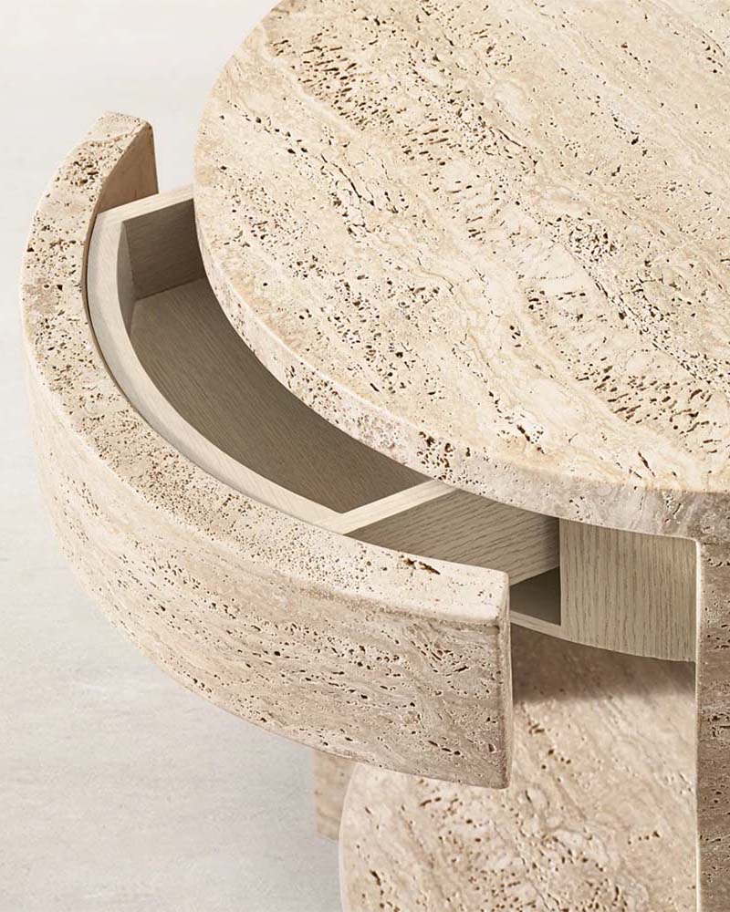 Luxury Beige Travertine Cylinder Side Table with Storage Drawer & Lower Display Shelf
