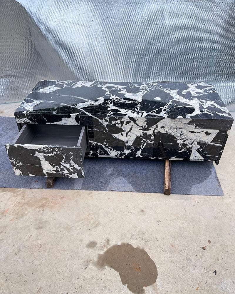 Sculptural Grand Antique Marble Plinth Coffee Table with Built-In Storage Drawer