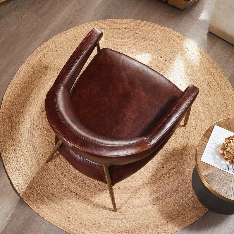 Hand-Forged Metal Brown Leather Lounge Armchair