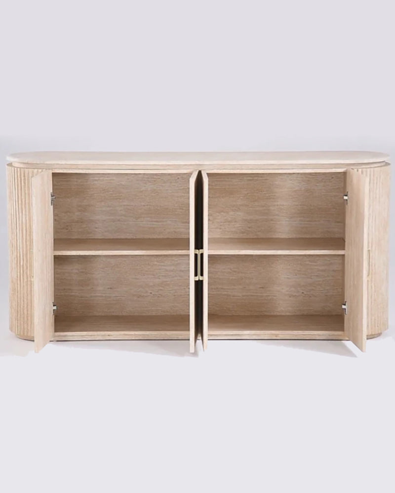 Luxury Beige Travertine Console Cabinet with Petal Edge & Double-Door Storage