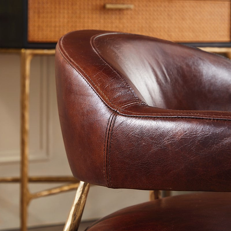 Hand-Forged Metal Brown Leather Lounge Armchair