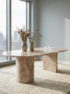 Natural Luxury Stone Oval Dining Table, One-Piece Solid Slab Cut, Unique Pink-Green Natural Veining, Sturdy Double Pedestal Base for Home Dining & Gatherings