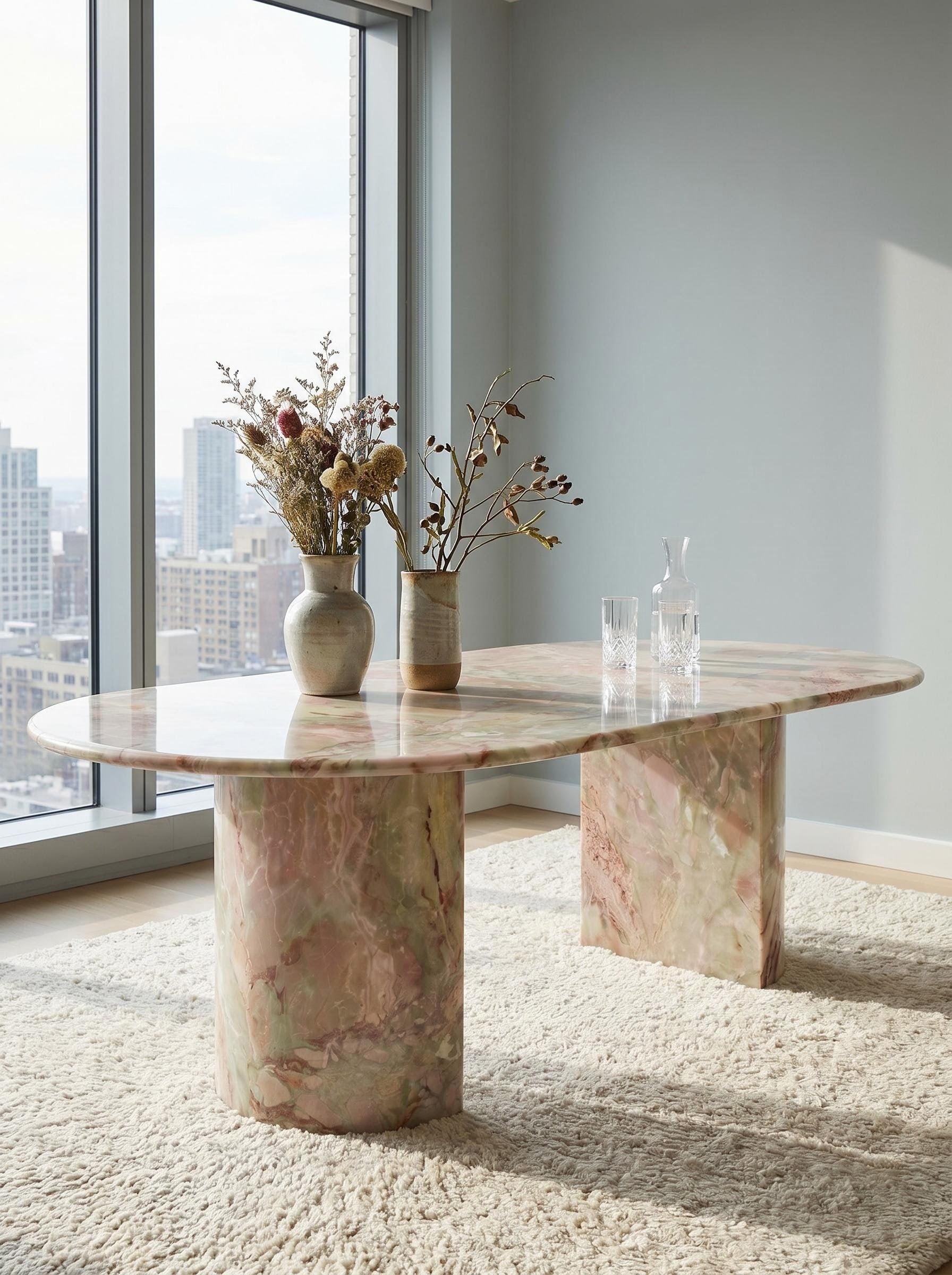 Natural Luxury Stone Oval Dining Table, One-Piece Solid Slab Cut, Unique Pink-Green Natural Veining, Sturdy Double Pedestal Base for Home Dining & Gatherings