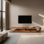 Handcrafted Organic Curved TV Shelf With Drawers For Living Decor