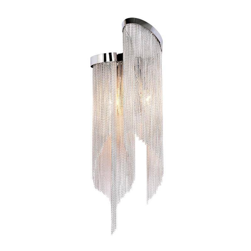 Full view of the Cadena 23-inch chain tassel wall sconce by Morsale.com, two-light metal cascade.