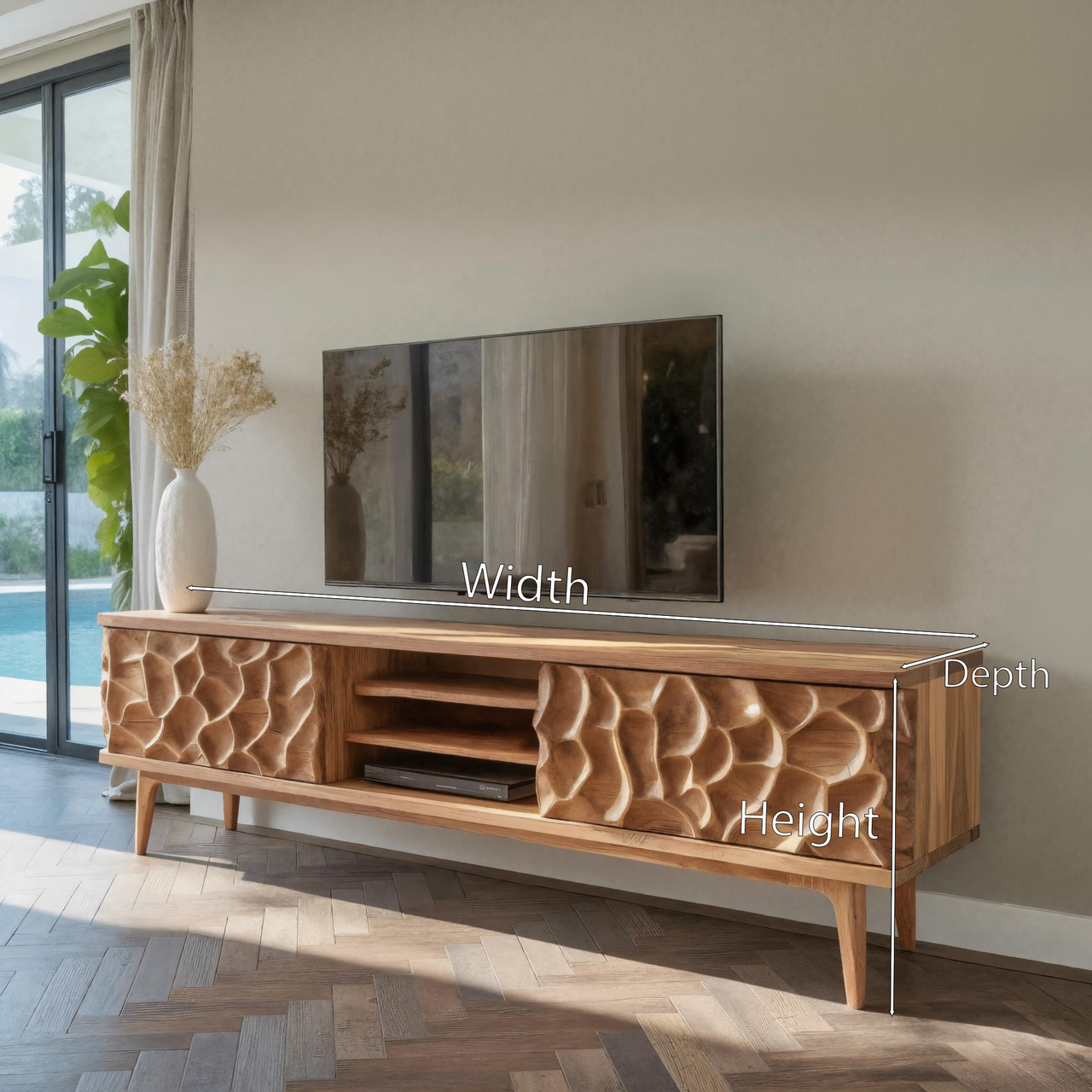 Rustic TV Stand With Carved Doors For Living Room