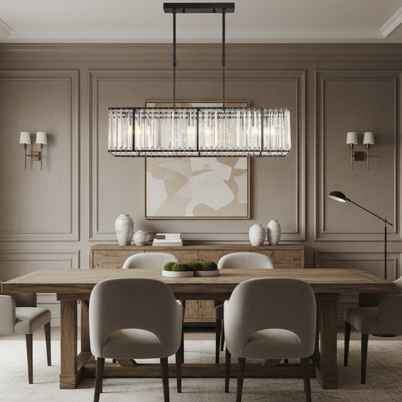 Botega crystal dining chandelier on black steel over a table