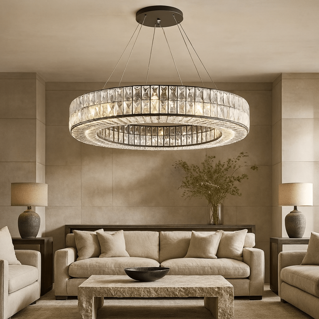The Hutton crystal chandelier from Morsale.com casting refined sparkle, K9 crystal contrasting a matte black frame.