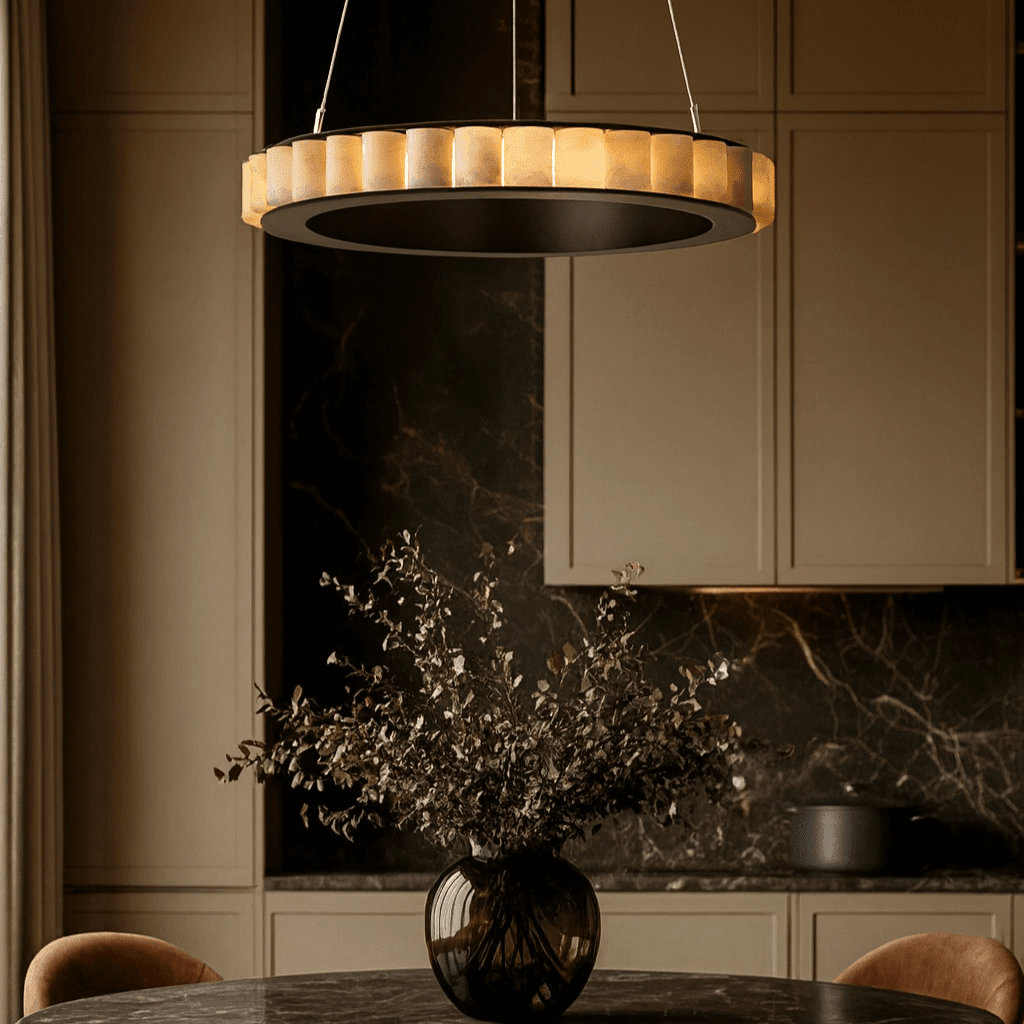 Hampton marble chandelier over a dining table