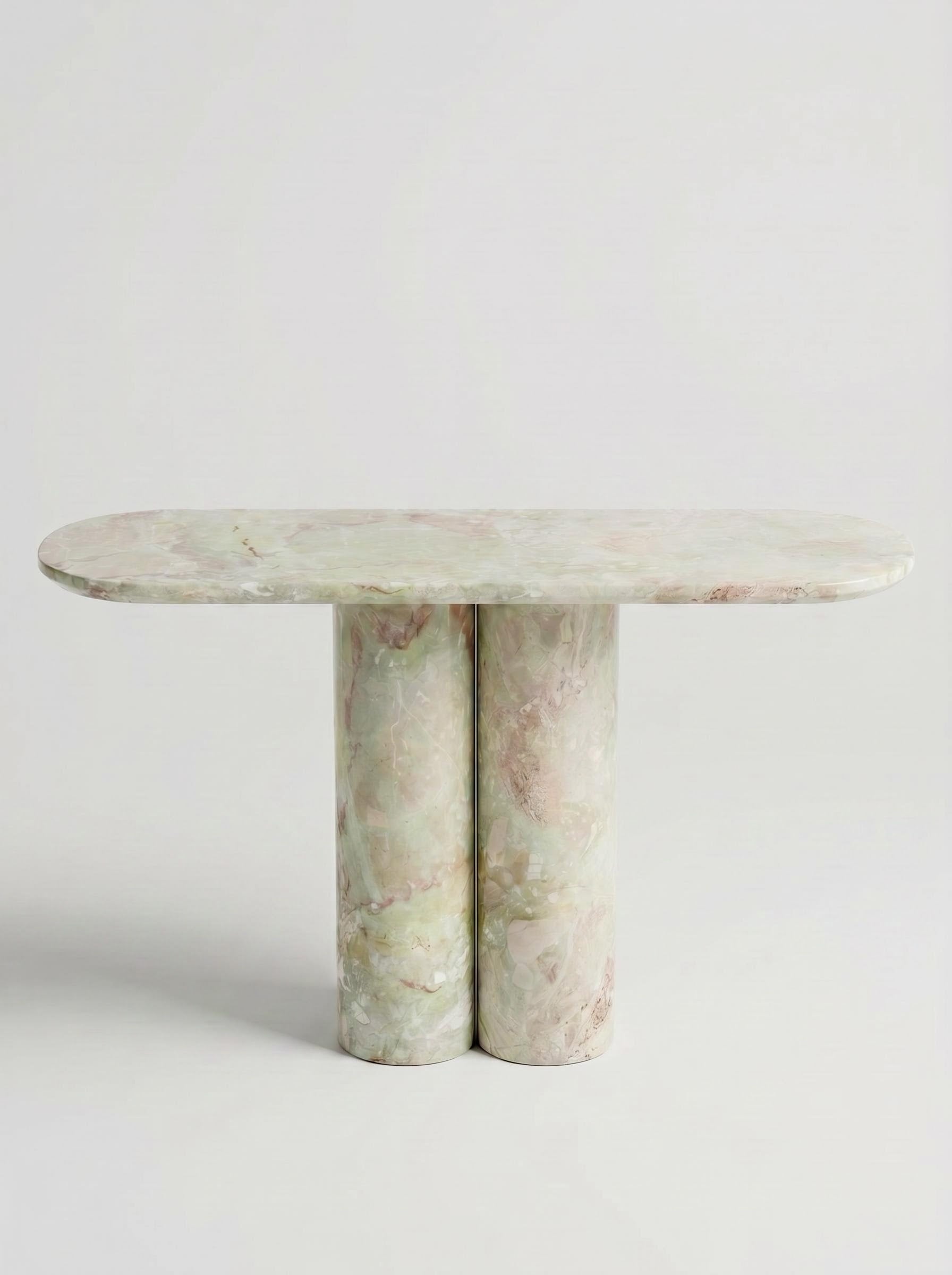 Light Green Natural Marble Double Column Oval Console Table, Luxury Entryway Accent Table for Home Decor