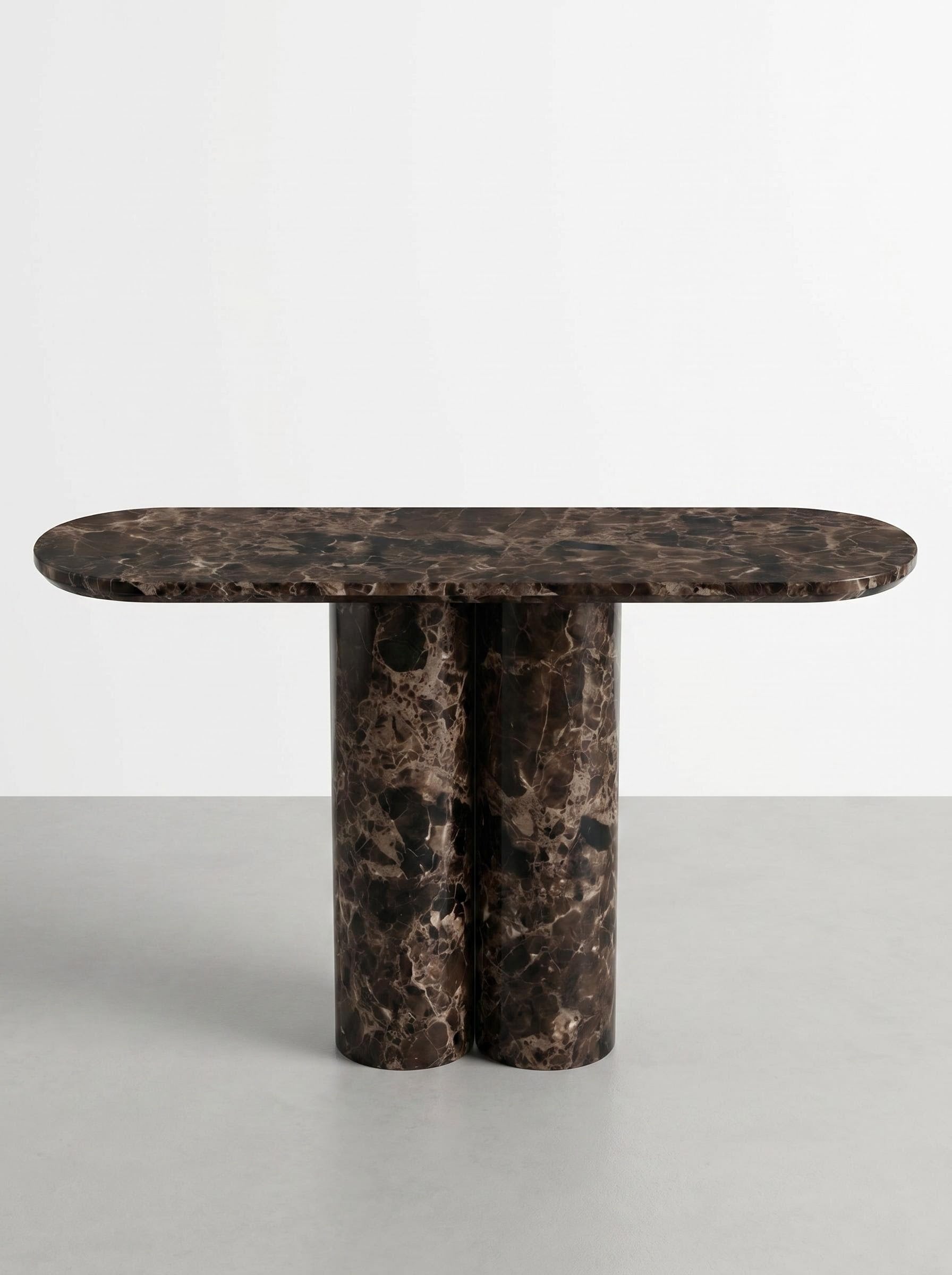 Luxury Emperador Marble Console Table with Oval Shape Top and Double Cylinder Legs
