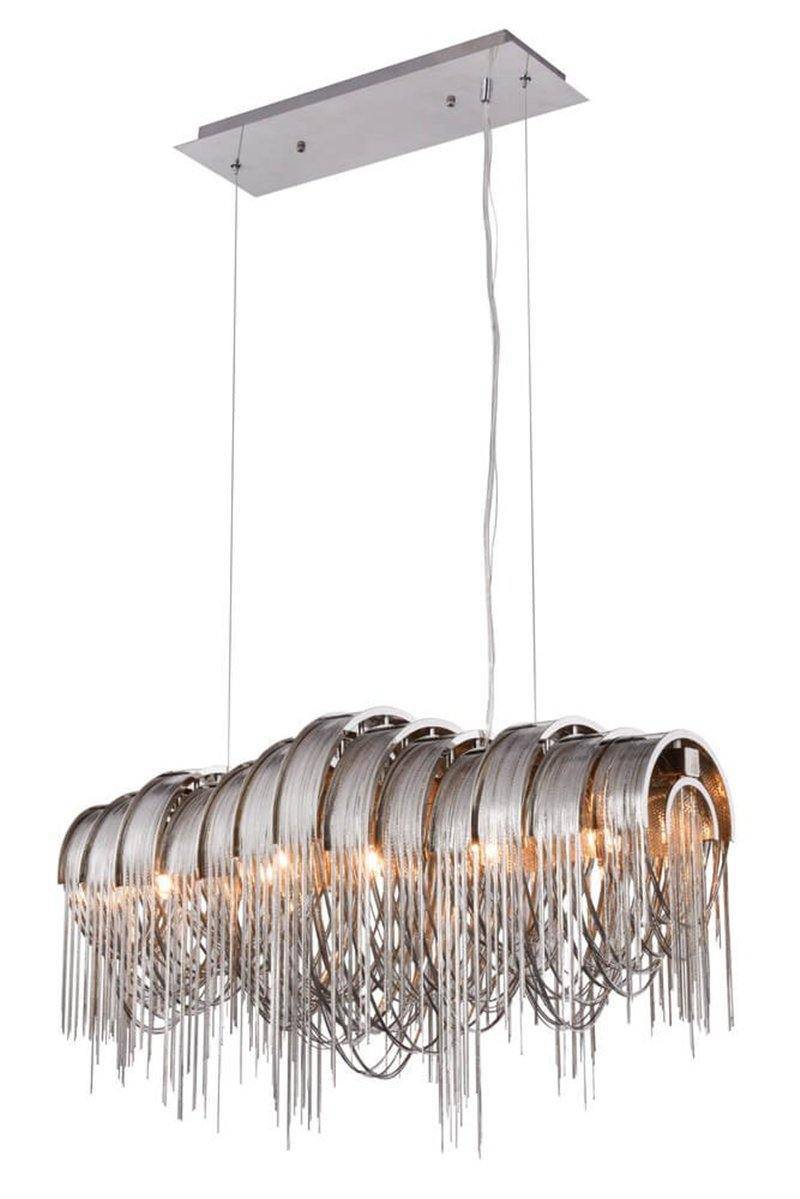 The Cadena chain tassel dining chandelier by Morsale.com lit in a warm dining setting, modern metal design.