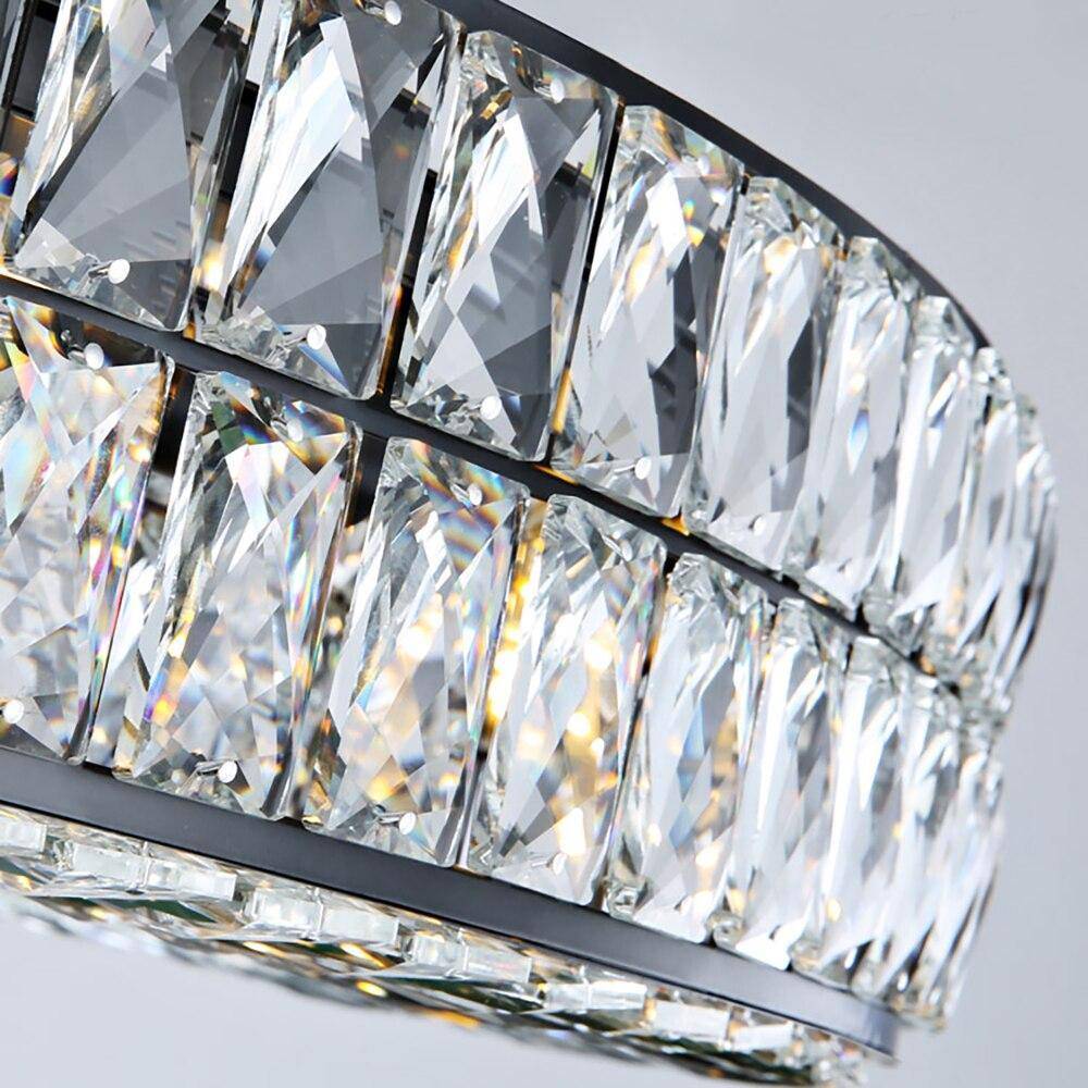 Side view of the Hutton crystal modern chandelier by Morsale.com showing the black frame and layered crystal.