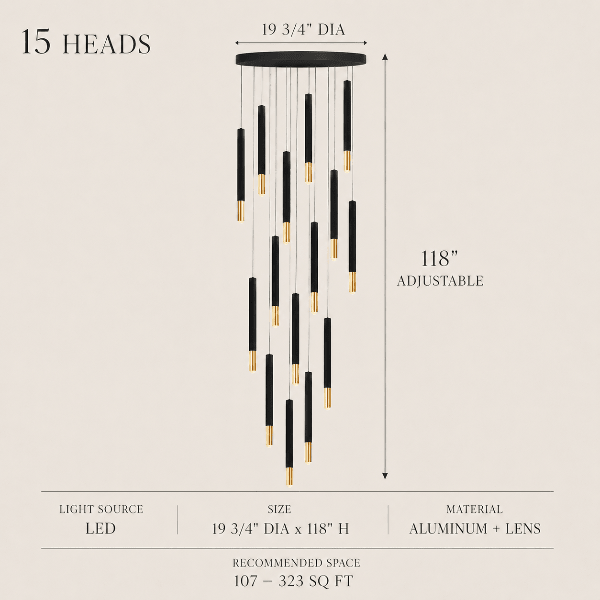 Linea LED tube chandelier dimensions and specifications