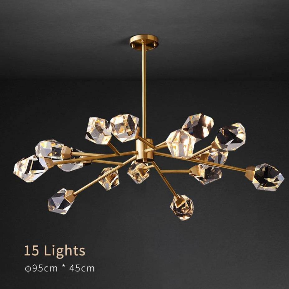 Side view of the Diamante 15-pendant chandelier by Morsale.com showing crystal orbs cascading from the copper rod.
