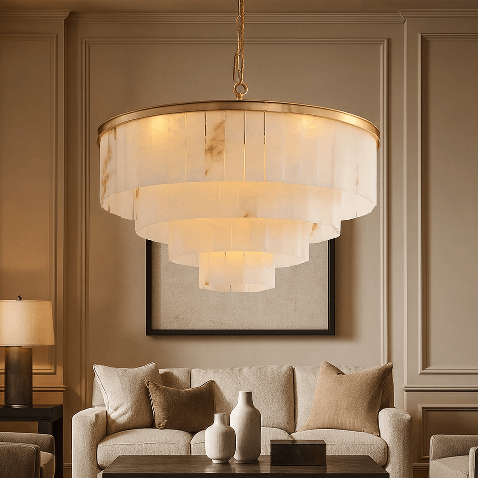 Detail of natural marble on the Aurora round chandelier