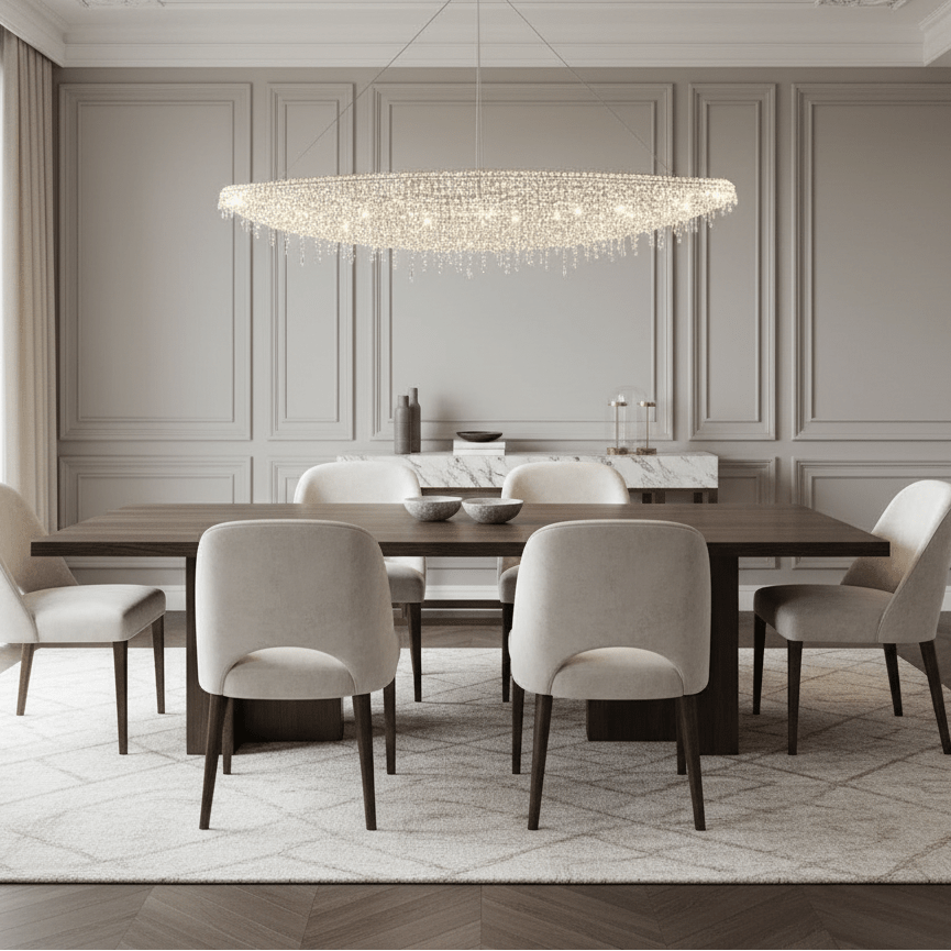 Alleri K9 crystal chandelier over a dining table