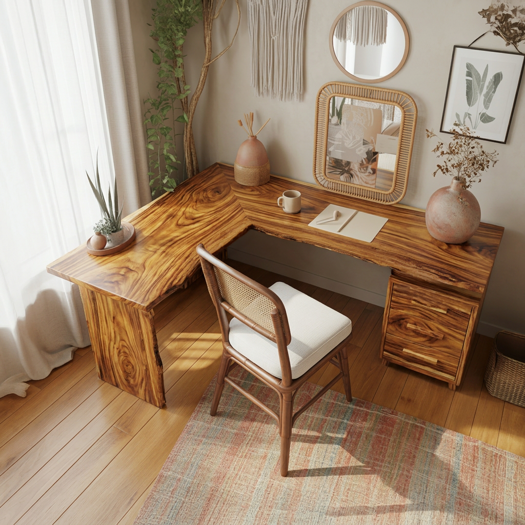 Modern L Shaped Wood Desk With Drawers For Home Office Or Vanity