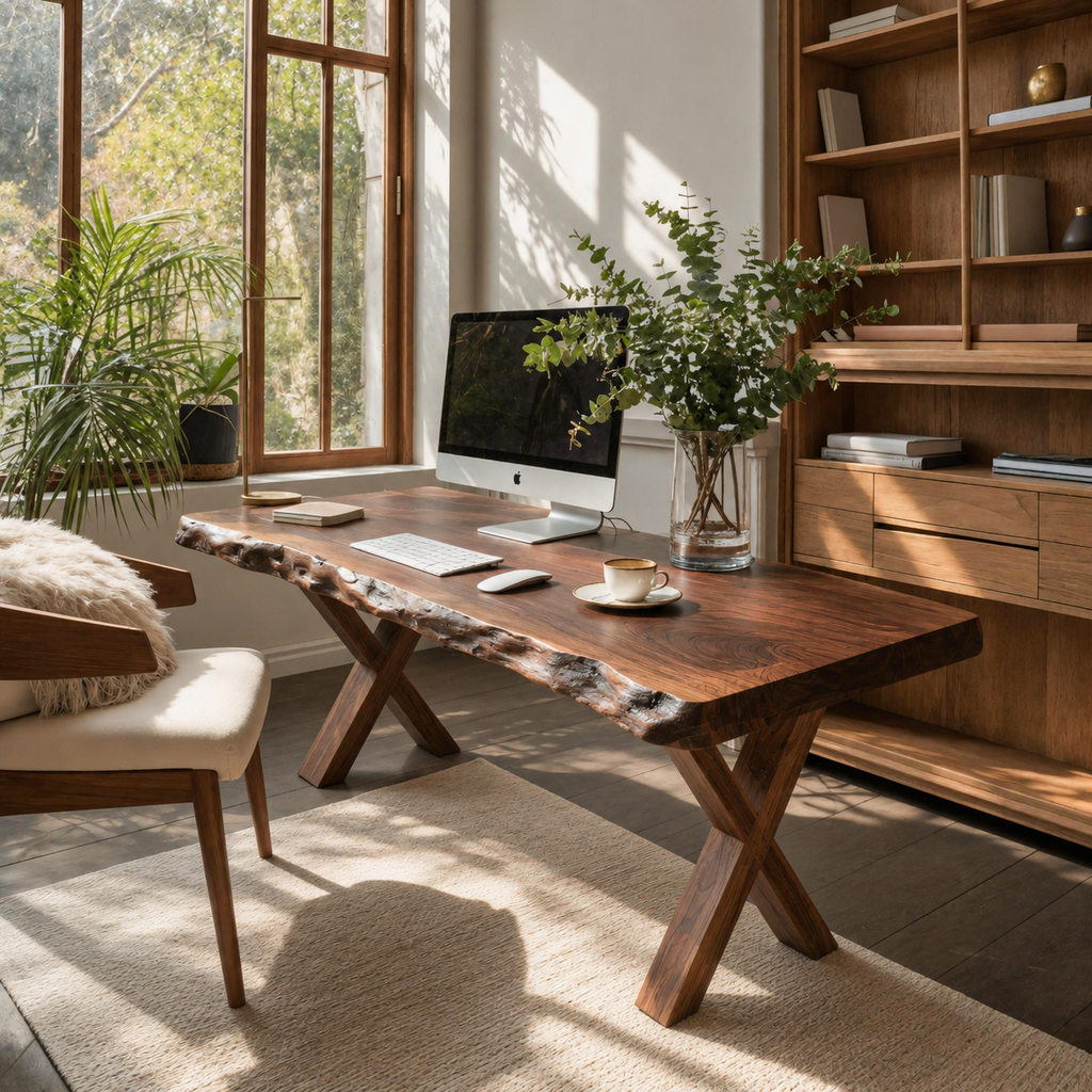 Live Edge Wooden Desk With X Legs For Rustic Home Office Or Studio
