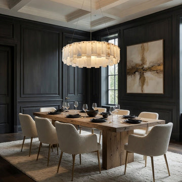 Benett marble chandelier in natural stone over a table