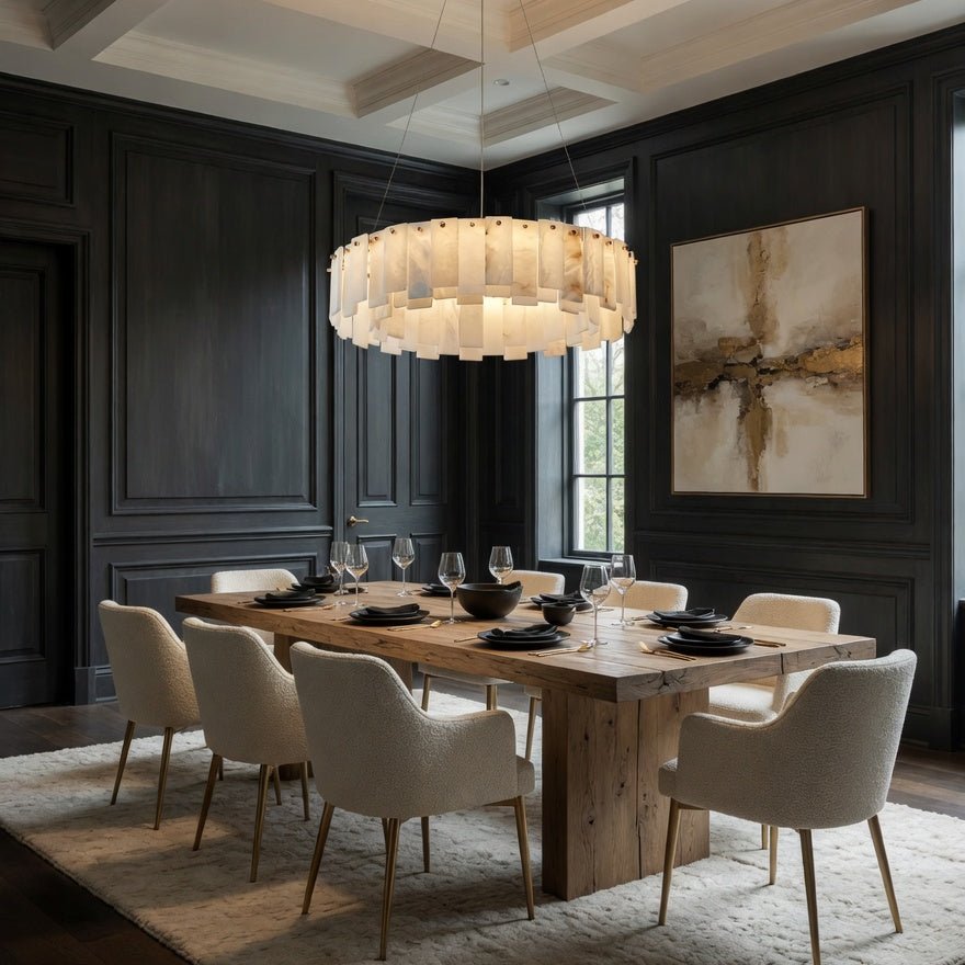 Benett marble chandelier in natural stone over a table