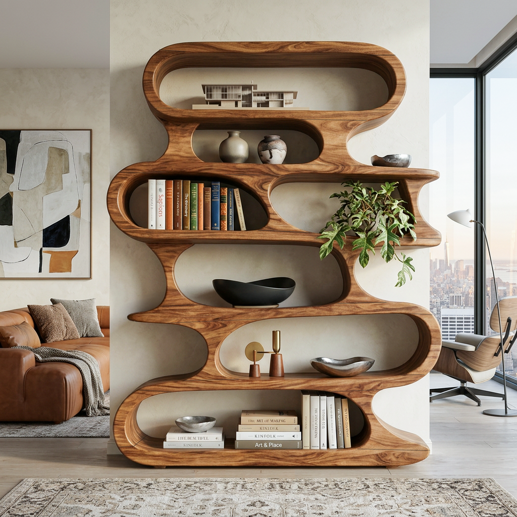 Mid Century Modern Wall Shelf With Flowing Shape For Living Room And Office