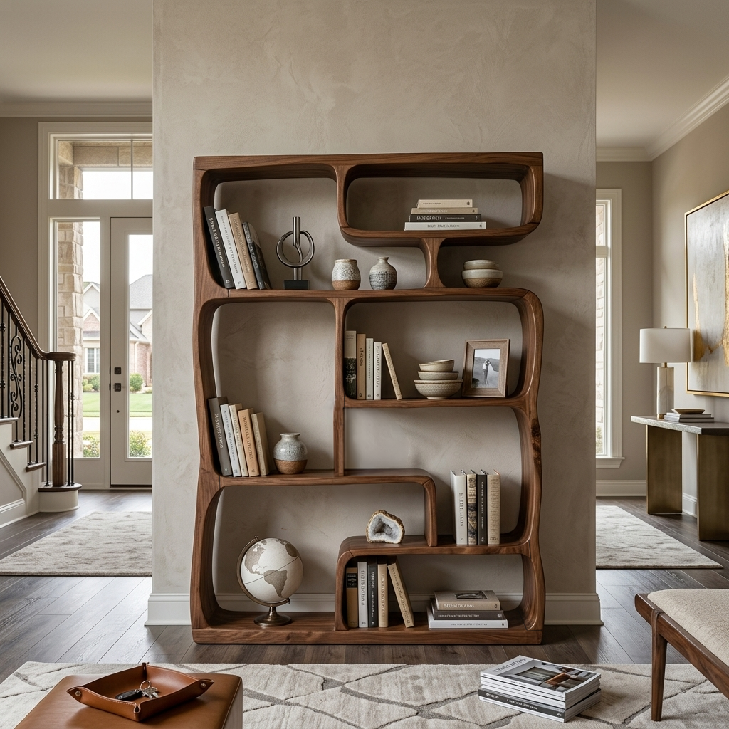 Modern Sculptural Bookshelf With Geometric Design For Living Room