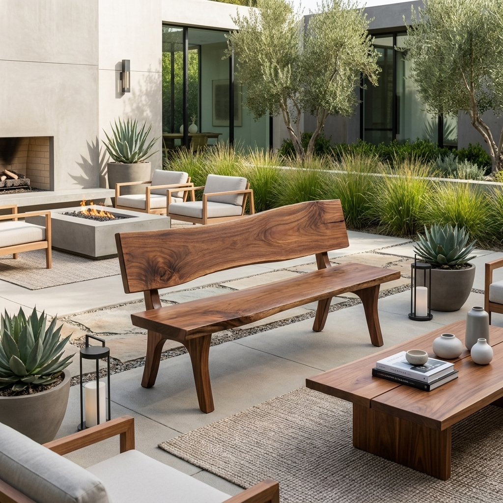 Contemporary Outdoor Wood Bench With Sculpted Back For Patio Or Courtyard