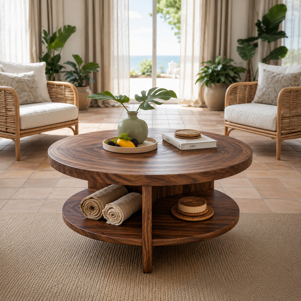 Tropical Round Coffee Table With Shelf For Coastal Living Room And Lounge