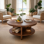 Tropical Round Coffee Table With Shelf For Coastal Living Room And Lounge