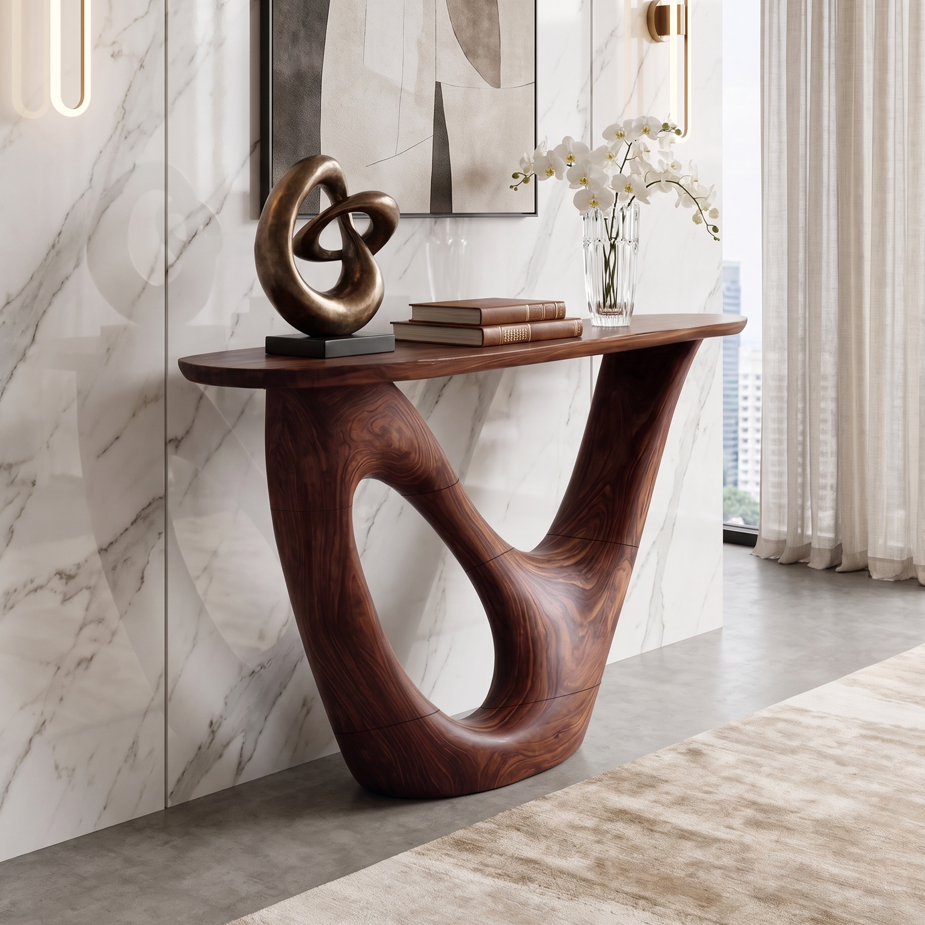 Mid Century Live Edge Console Table Sculptural Solid Wood For Living Room