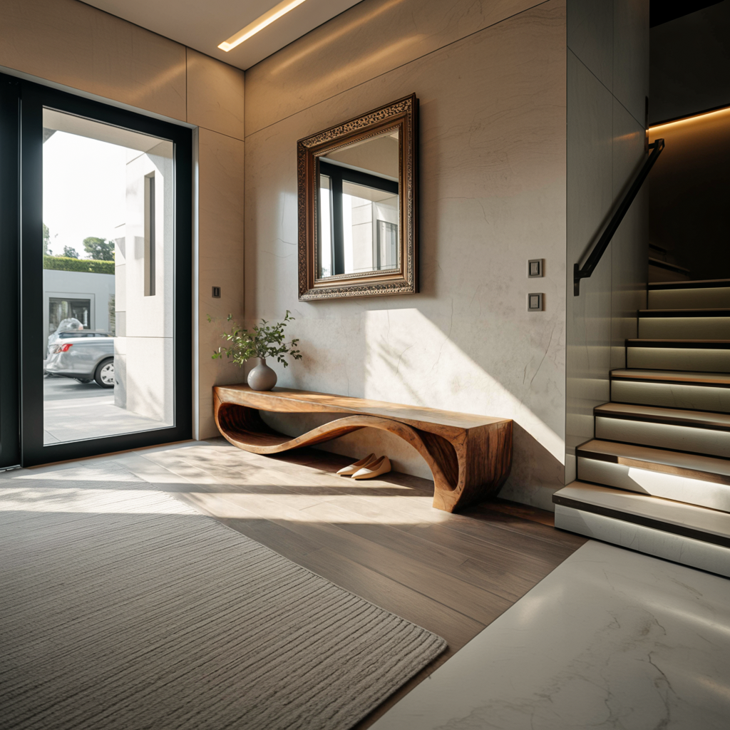 Sculptural Bench With Wave Design For Entryway