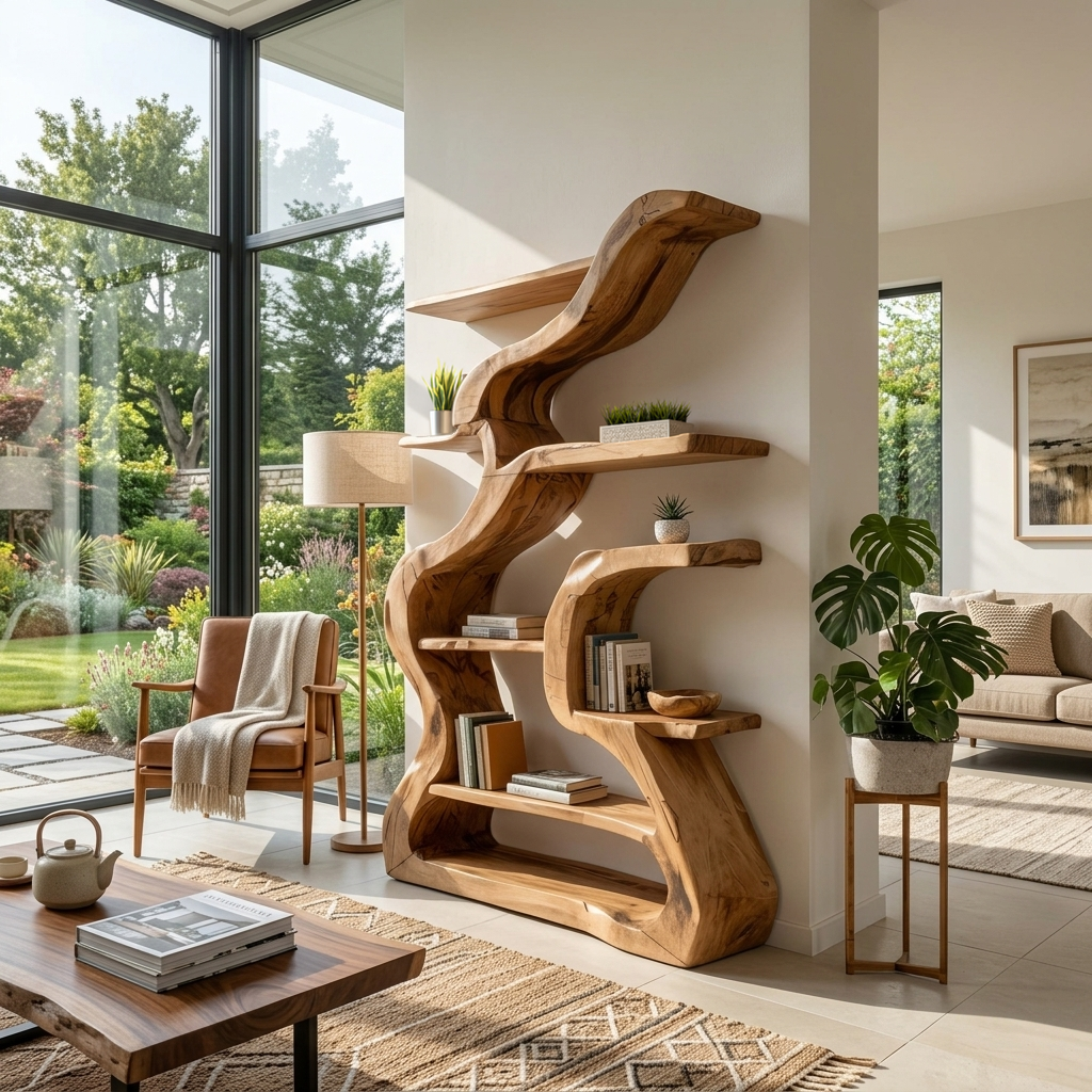 Organic Sculptural Bookshelf With Curved Design For Living Room