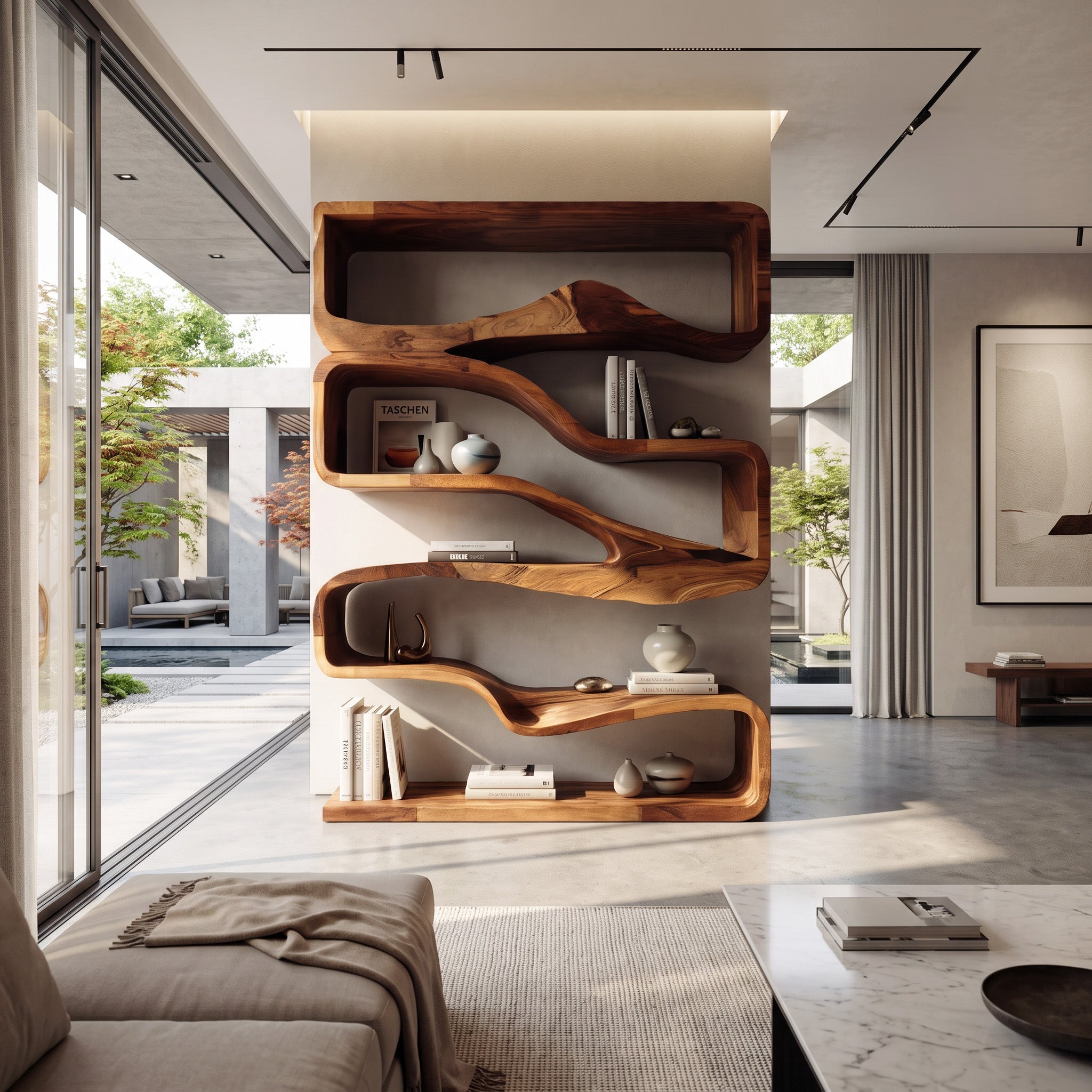 Modern Curved Bookshelf With Flowing Design For Bedroom
