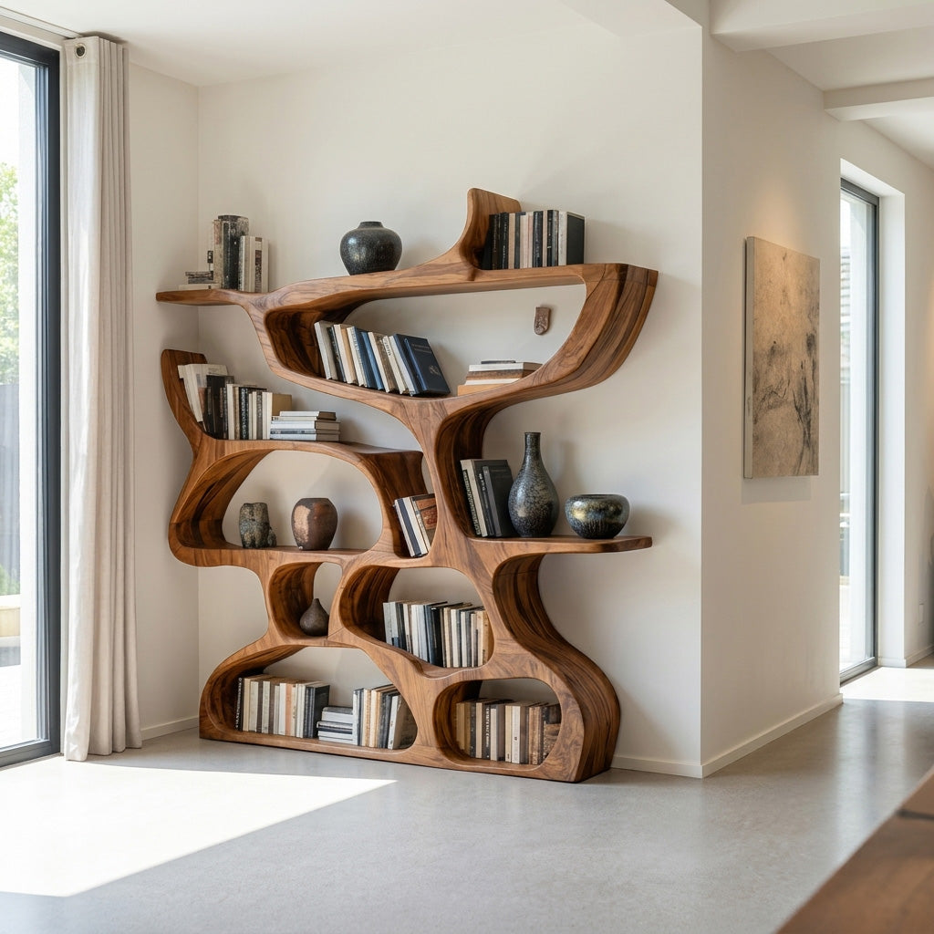 Modern Bookshelf With Organic Carved Design For Living Room Or Office